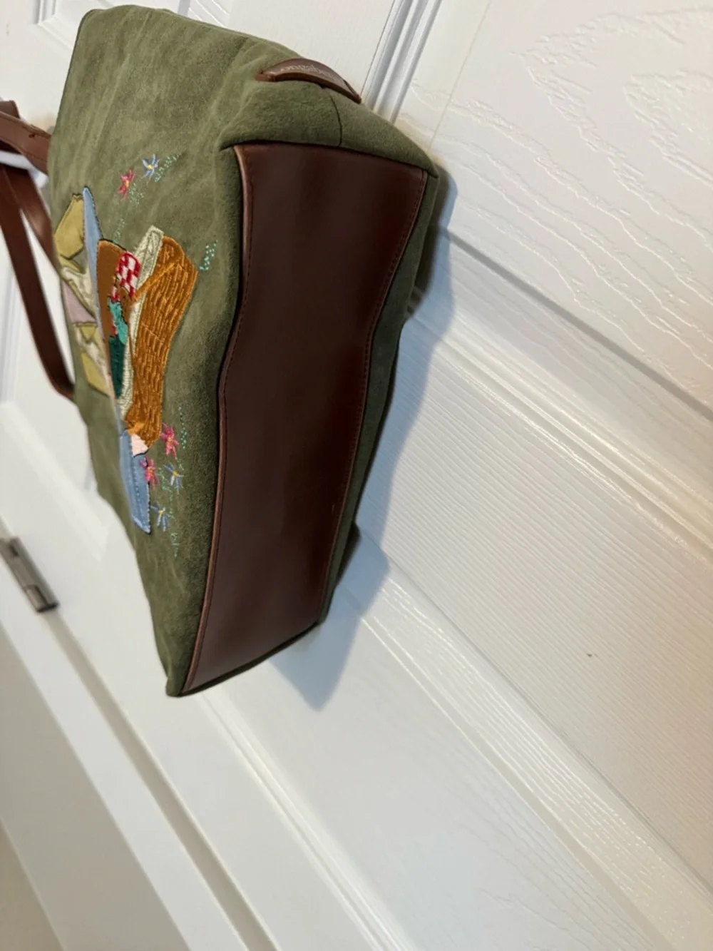 Longaberger Olive Suede Tote Bag with Embroidered Picnic Design - Picture 3 of 4